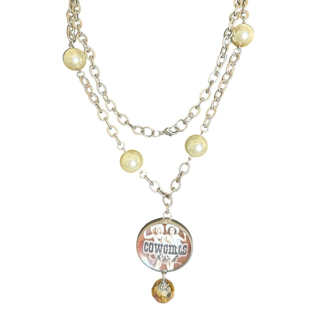 Vintage Western  Necklace Pearl Accents Dual Sides Retro Festival Boho Statement